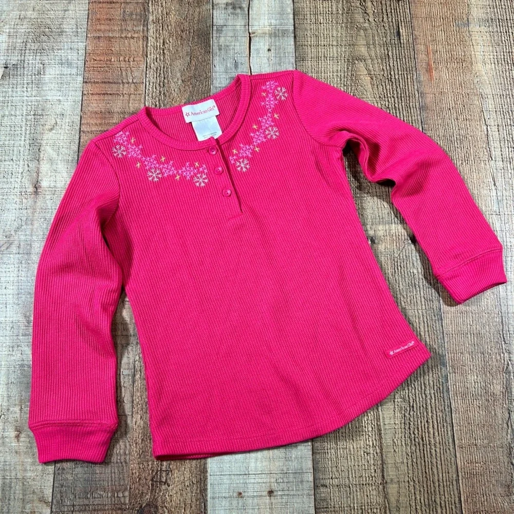 American Girl Pink Waffle Knit Fair Isle Pajama Top Henley Snowflake Shirt XS 6